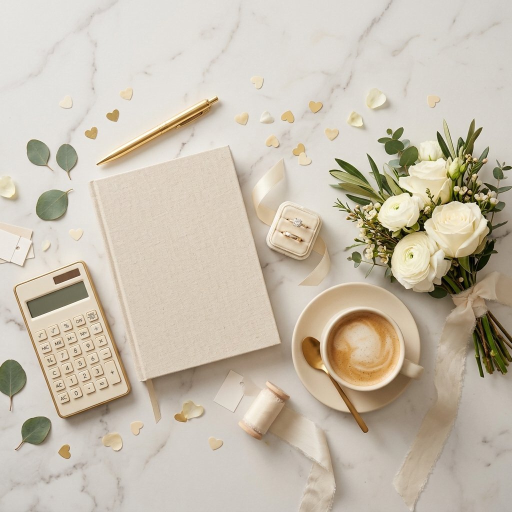 Wedding budget planning flatlay with notebook, rings, and flowers