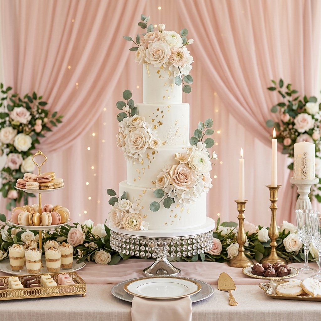 Elegant multi-tier wedding cake with gold accents
